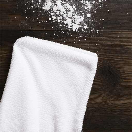 Close-up of microfiber cloth wiping drywall dust off dark wood furniture.