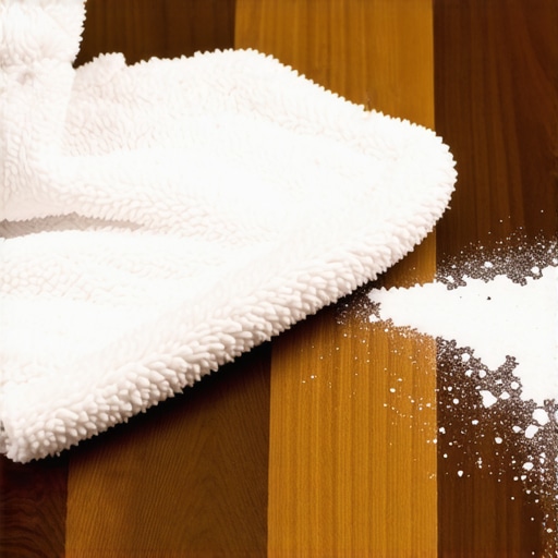 Close-up of a cleaning cloth extracting fine white dust from a dark wood floor