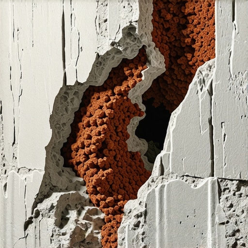 Close-up detail of brick dust trapped in the texture of a stone fireplace