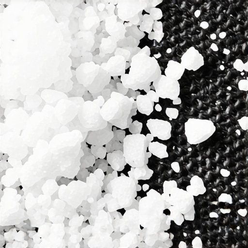 Close-up of white rock salt crystals stuck between dark commercial carpet fibers.