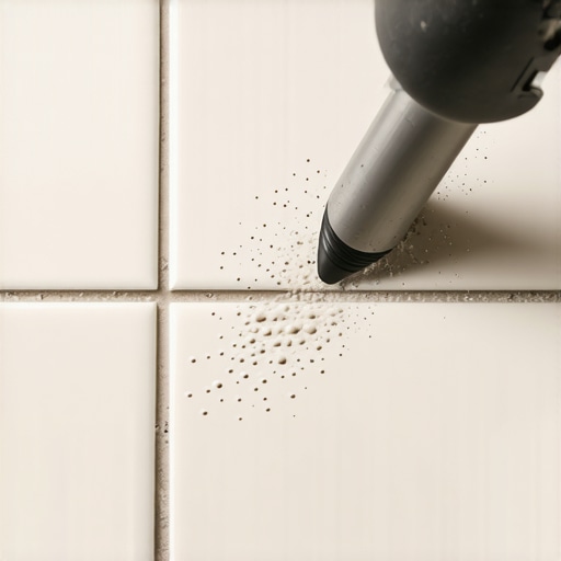 Close-up of fine construction dust being removed from tile crevices to prevent abrasion.