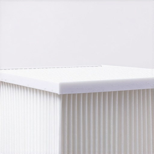 A dirty HEPA filter showing fine construction dust particles trapped in its fibers