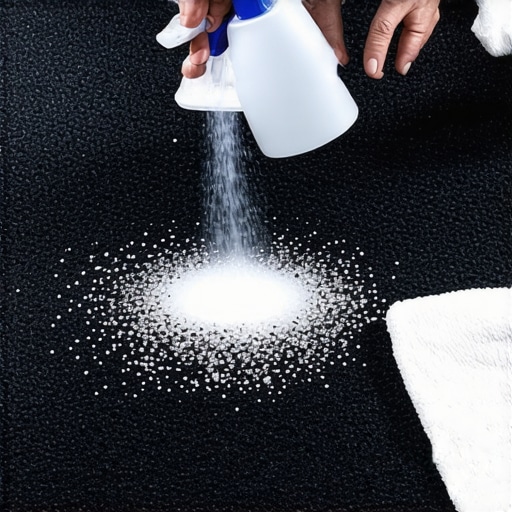 Applying vinegar solution to a salt stain on a navy rug