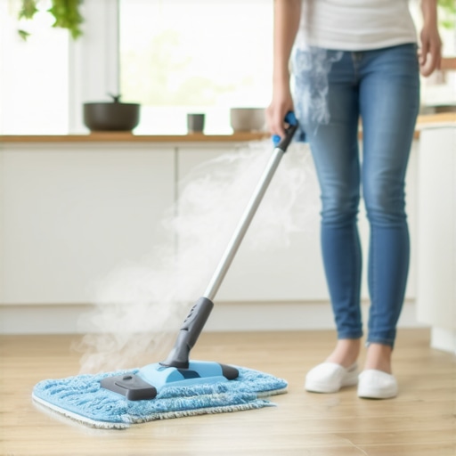 A person spraying a cleaning solution onto a microfiber mop pad to avoid over-wetting laminate floors during a deep clean.