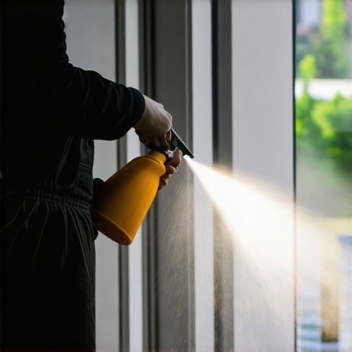 A person spraying a fine water mist into a dusty renovation room to ground particles.
