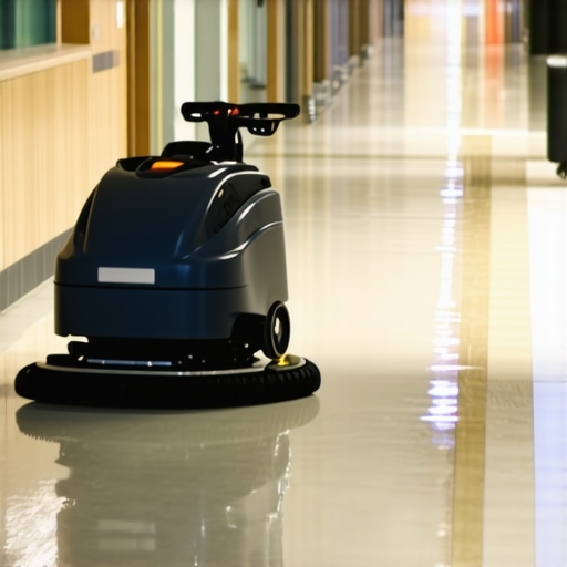 A battery-powered floor scrubber cleaning a reflective hallway floor.