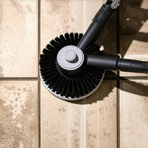 Close-up of a cordless power scrubber cleaning a pebble shower floor with soapy bubbles.
