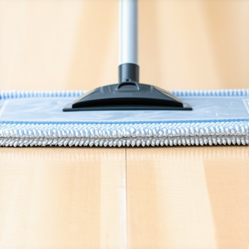 Close-up of a blue microfiber mop pad on a shiny wood floor