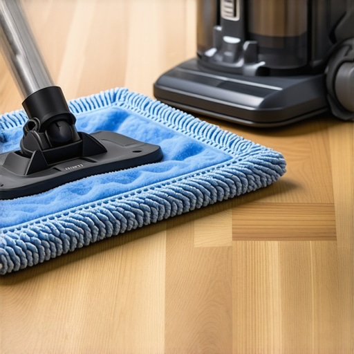 Close-up of a microfiber mop cleaning fine dust from a luxury vinyl floor.