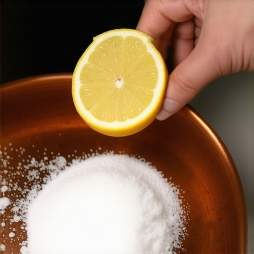 Natural Copper Cleaning with Lemon and Salt Close up of a hand cleaning a copper pan with a salt-covered lemon