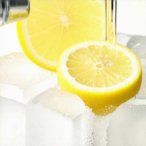 Ice cubes and lemon slices in a kitchen sink disposal.