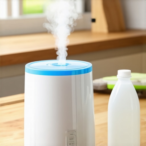A disassembled humidifier being cleaned with white vinegar and a small brush on a kitchen counter.