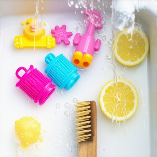 Soaking plastic toys in a natural vinegar and lemon solution in a white sink
