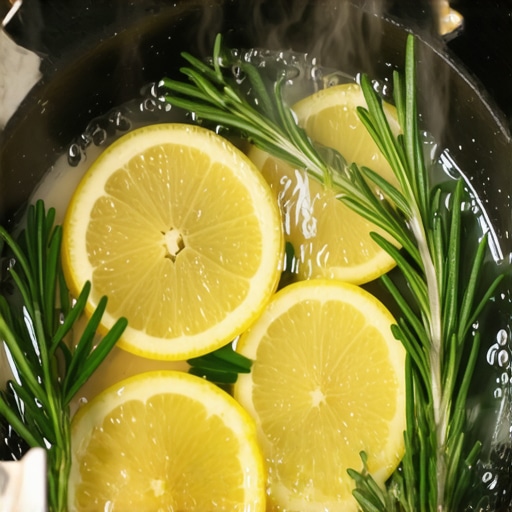 A pot of water with lemon and herbs simmering on a stove to remove cleaning smells.