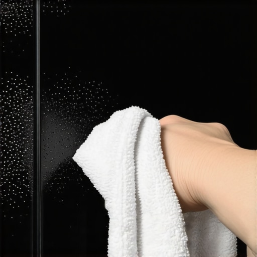 Microfiber cloth removing static-charged construction dust from a vertical surface.