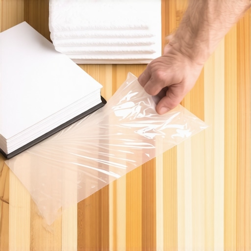 Applying plastic wrap over a treated pet stain on hardwood floors to keep enzymes active.