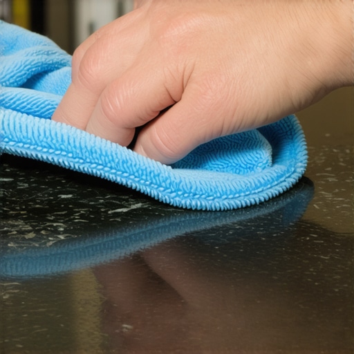 A hand buffing dark granite countertops with a microfiber cloth to remove streaks.