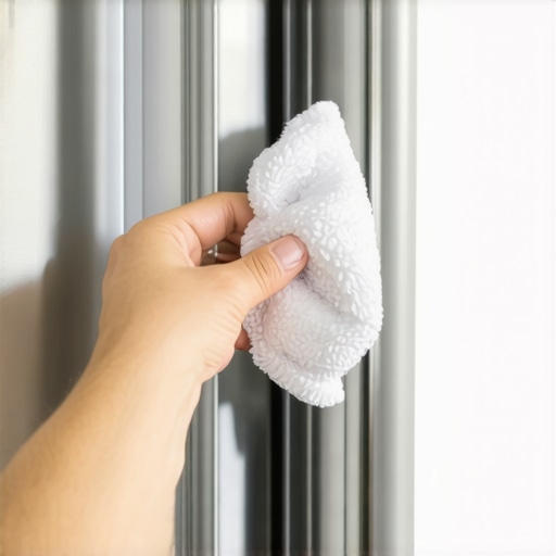 Close up of a hand polishing a stainless steel fridge with a microfiber cloth showing professional results