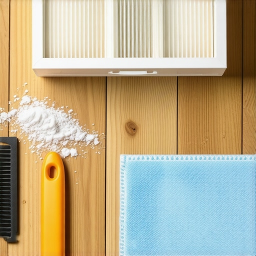 A dusty HEPA filter and cleaning tools on a hardwood floor after a home renovation.