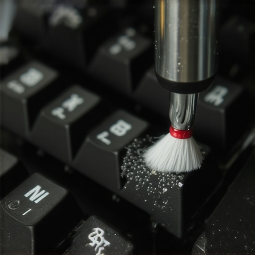 A person using a small brush to remove dust from between mechanical keyboard keys.
