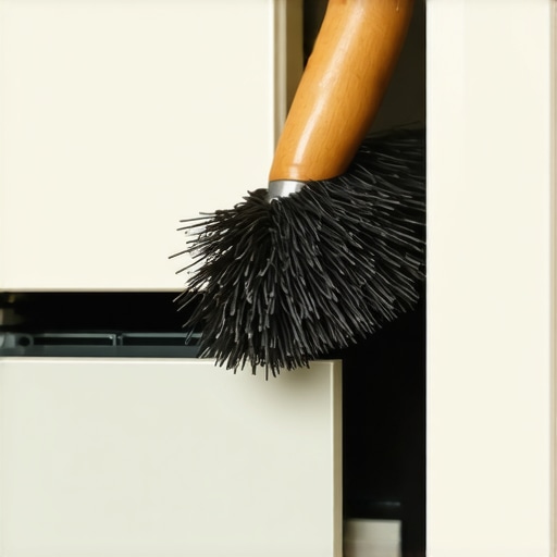 Close-up of a horsehair brush attachment cleaning a cabinet hinge.