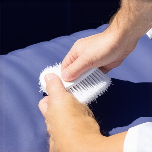 Precision cleaning of outdoor cushion seams Close-up of a person cleaning mildew from the seams of outdoor fabric with a soft brush.