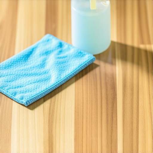 High-density microfiber cloth and pH-neutral cleaner on a dark oak floor