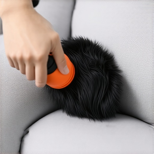 Using a rubber squeegee tool to remove pet hair from sofa fabric.