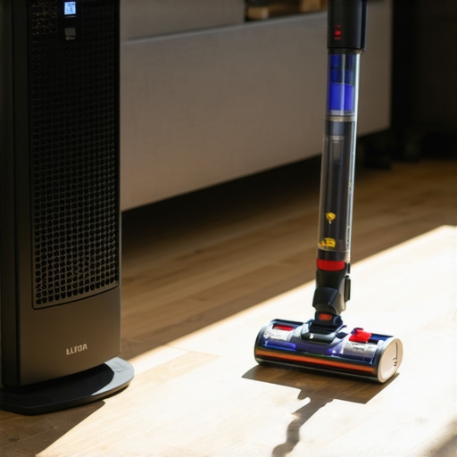 A high-end air purifier and sealed HEPA vacuum in a clean post-renovation room.