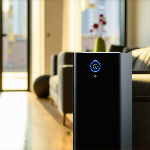 A blue industrial air scrubber filtering air in a residential living room to remove post-construction dust.