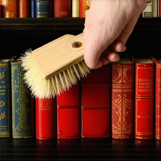 Using a horsehair vacuum brush to clean book spines on a library shelf.