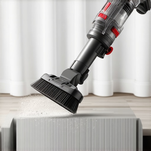 A close-up of a vacuum brush attachment safely cleaning a fabric valance to remove fine dust.