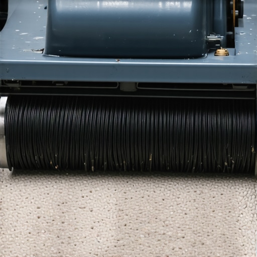 Professional CRB Machine Agitating Carpet Fibers A close-up of a CRB machine cleaning commercial carpet with counter-rotating brushes.