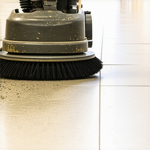 Counter-rotating brush machine cleaning commercial textured tile and carpet.