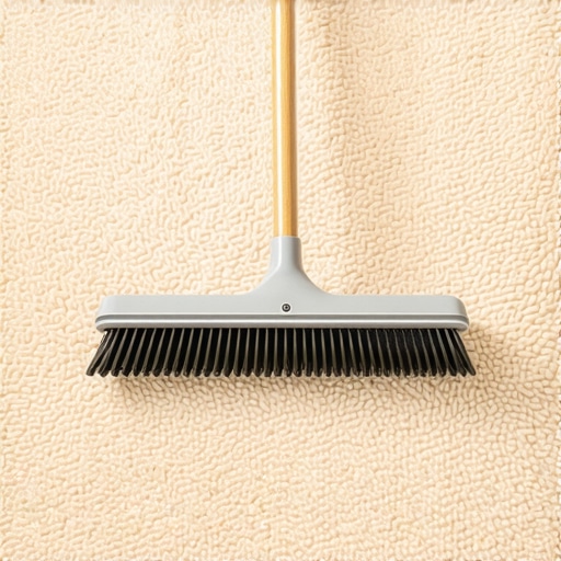 A professional carpet rake being used to lift and restore matted carpet fibers.
