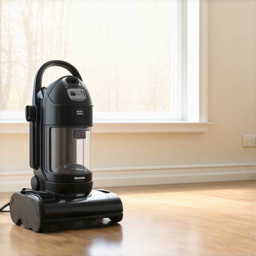 A professional-grade canister vacuum and cleaning attachments on a hardwood floor.