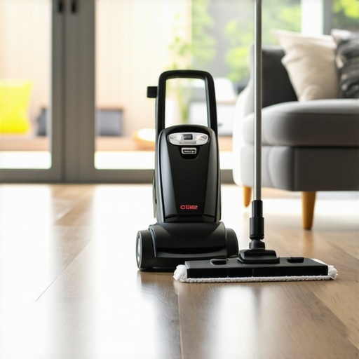 Close up of a professional carpet extractor and a microfiber mop on luxury vinyl flooring.