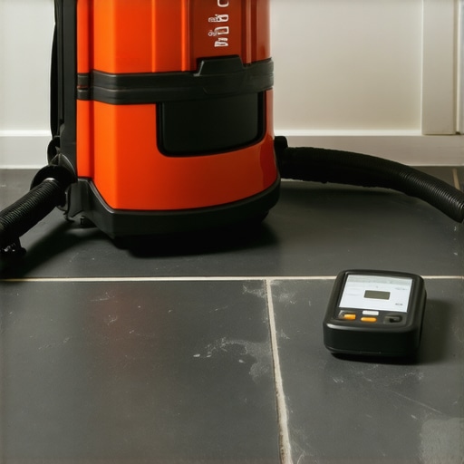 Industrial vacuum and moisture meter on a clean slate tile floor.