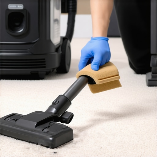 A technician inspecting a HEPA vacuum seal alongside essential cleaning tools like a suede eraser.