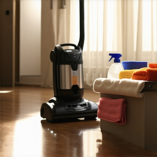Industrial vacuum and cleaning supplies on a clean wooden floor
