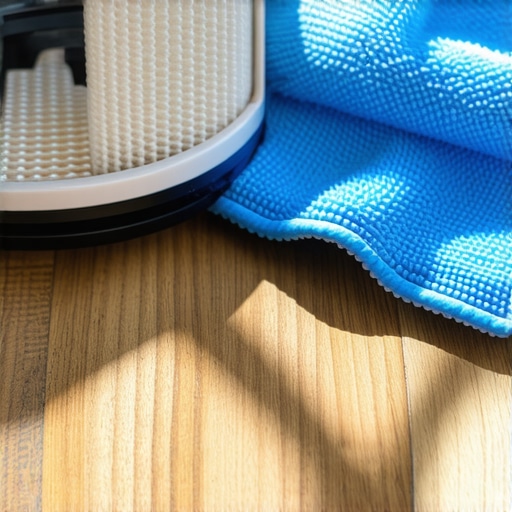 Close up of a HEPA vacuum filter and microfiber cloths on a wooden surface.