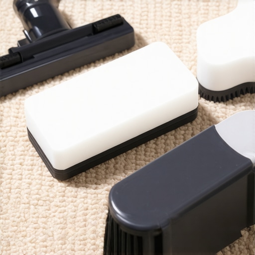 A collection of niche cleaning tools including a suede eraser and foam brush on a clean carpet.