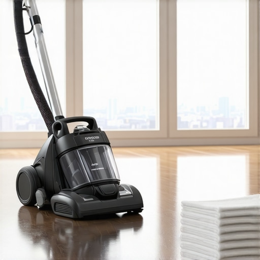 High-quality HEPA vacuum and microfiber cloths for professional office cleaning.