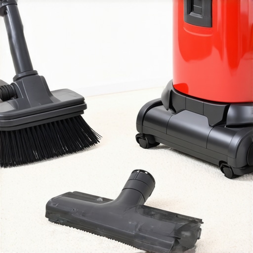 Close up of HEPA vacuum and specialized brush attachments on carpet
