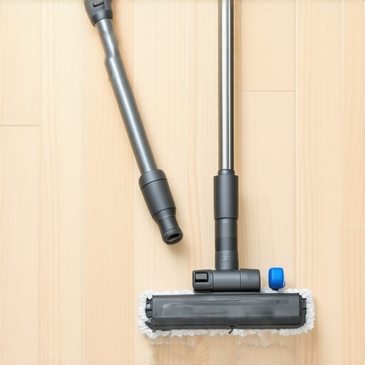 Microfiber mop and vacuum attachments on a clean floor