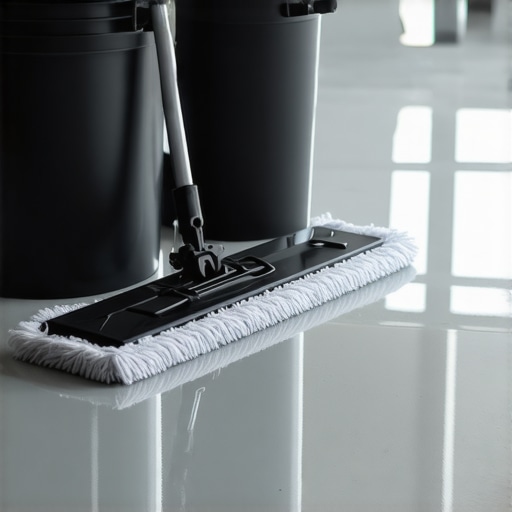 High-gloss epoxy floor with professional microfiber mop and dual bucket system