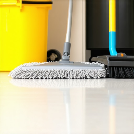 Professional-grade cleaning equipment including a microfiber mop and carpet rake.