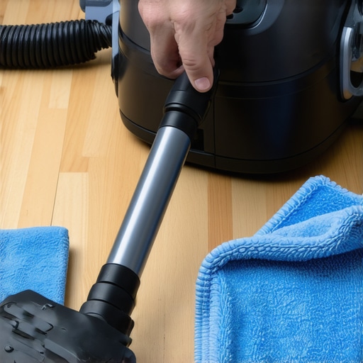 Close up of HEPA vacuum and professional cleaning supplies on a clean floor