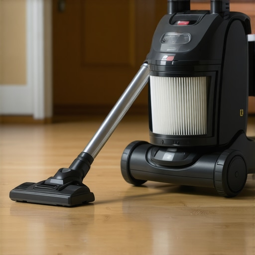 A high-CFM canister vacuum being used to clean fine dust from hardwood floors.