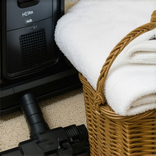 Professional Grade Home Maintenance Tools Close up of a HEPA vacuum and microfiber cloths for home cleaning maintenance.